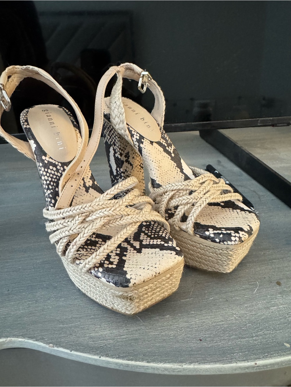 Platform Espadrille Wedge Sandals with Snake Print and Rope Straps - Beige/Black